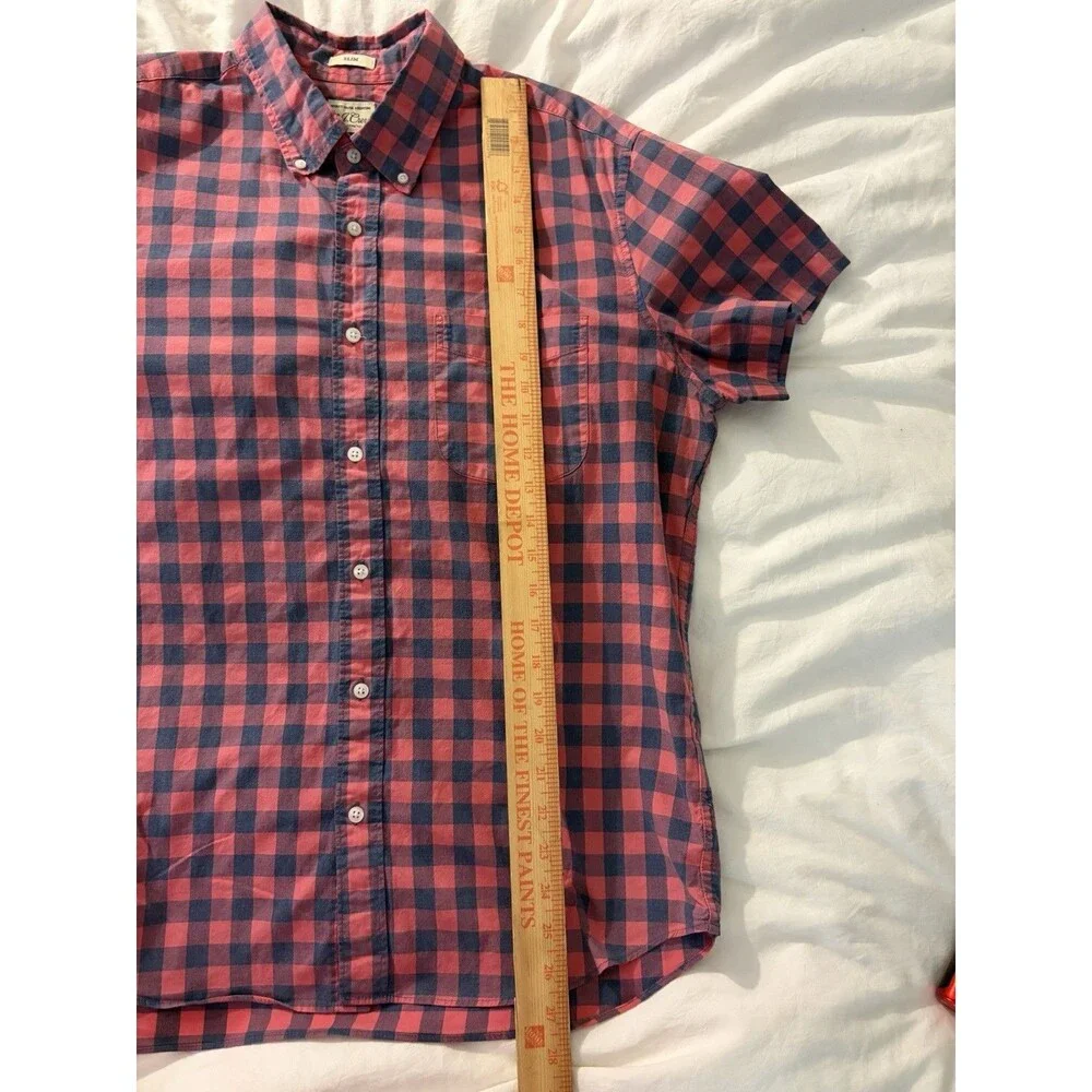 J.Crew Mens Cotton Short Sleeve Buffalo Check Shirt Red Blue Large Slim Stretch